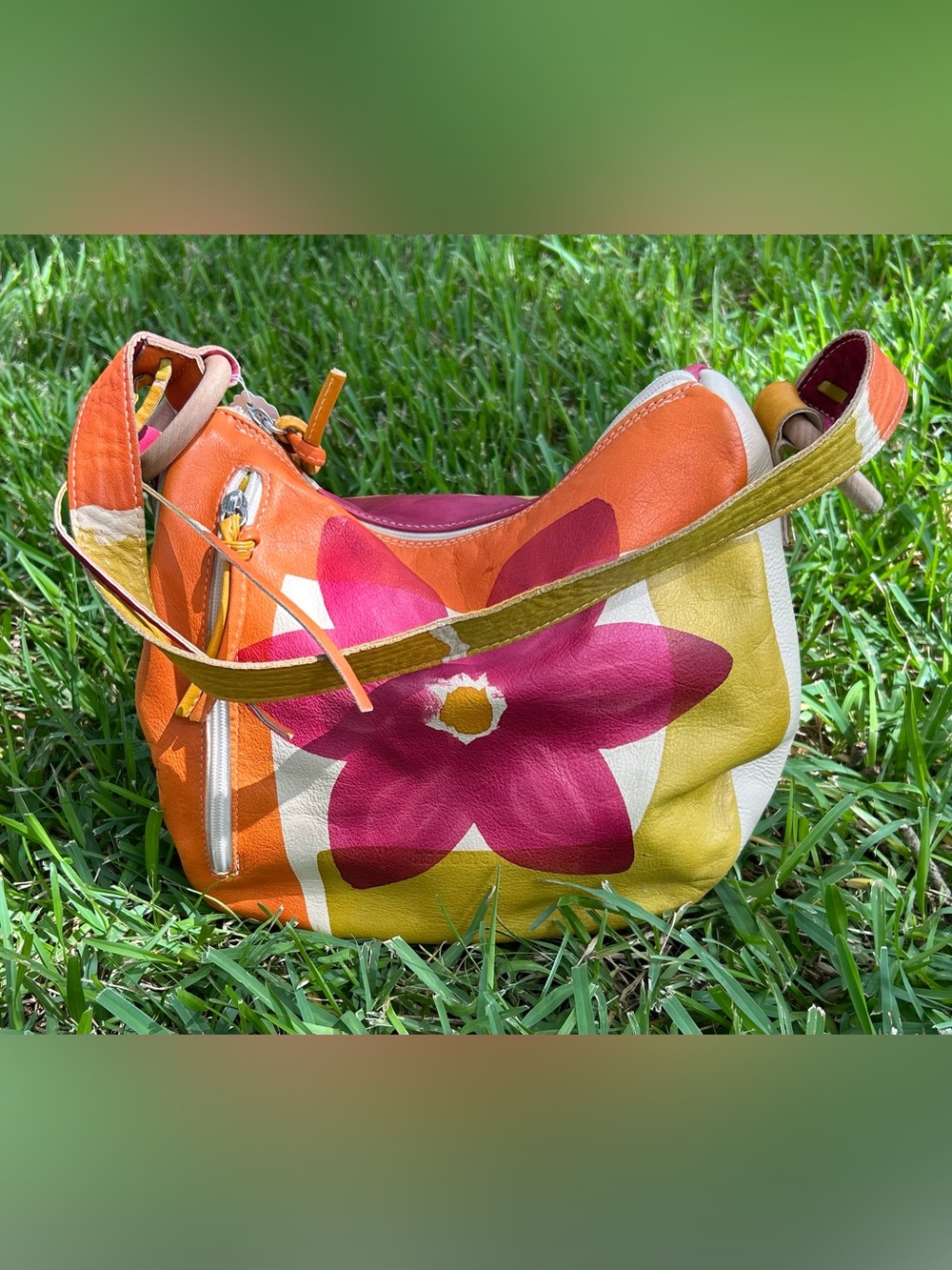 Astore Venezia Colorblock Floral Leather Shoulder Bag in Pink, Orange & Yellow